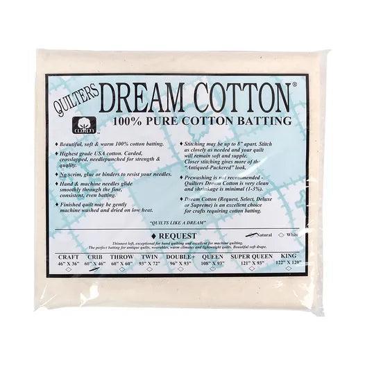 Quilters Dream Cotton Request natural low loft quilt batting package on white background