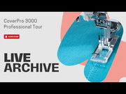 Janome CoverPro 3000P professional cover hem machine front view showing the extra long bed and thread cones.