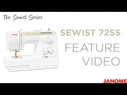 Janome Sewist 725 mechanical sewing machine front view showcasing stitch pattern selection dials and layout lines.