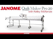 Janome Quilt Maker Pro 20 longarm quilting machine head highlighting the LCD touchscreen and digital tension.