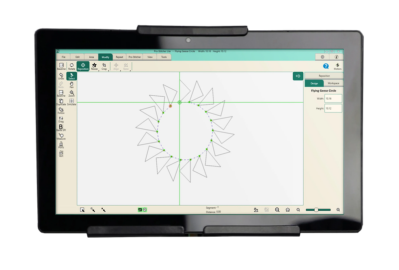 Janome Pro-Stitcher Lite 11-inch touchscreen tablet monitor mounted on a lightweight longarm machine.