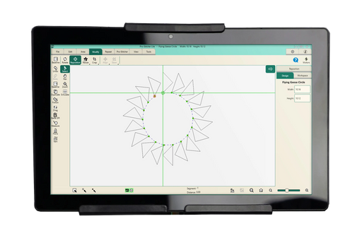 Janome Pro-Stitcher Lite 11-inch touchscreen tablet monitor mounted on a lightweight longarm machine.