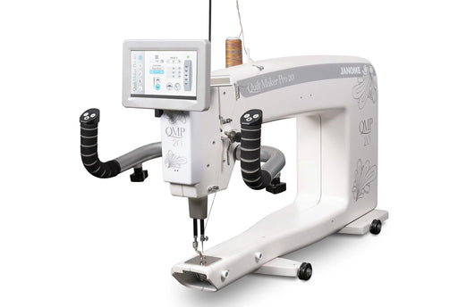 Janome Quilt Maker Pro 20 longarm quilting machine head highlighting the LCD touchscreen and digital tension.