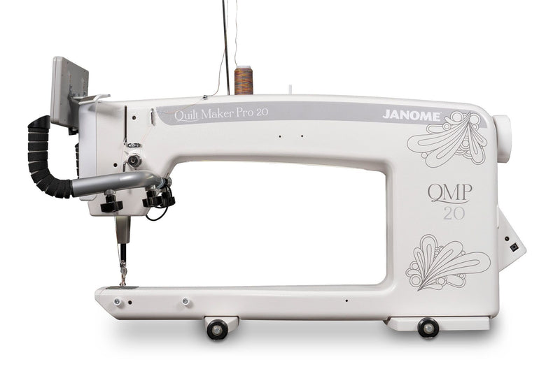 Janome Quilt Maker Pro 20 longarm quilting machine head highlighting the LCD touchscreen and digital tension.