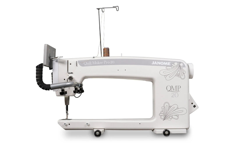Janome Quilt Maker Pro 20 longarm quilting machine head highlighting the LCD touchscreen and digital tension.