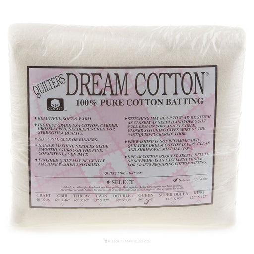 Quilters Dream Cotton Select natural mid loft quilt batting package on white background