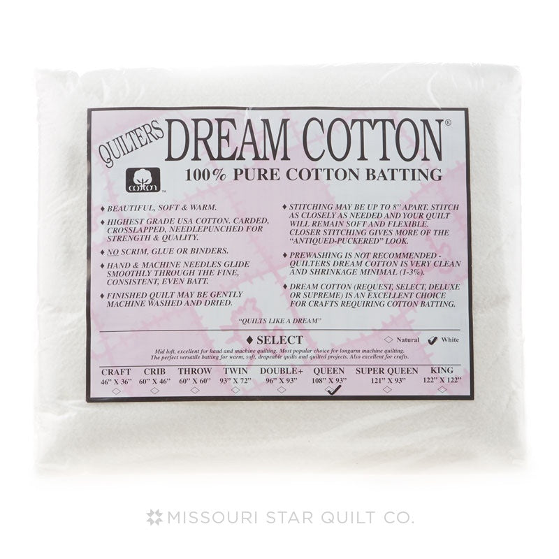 Quilters Dream Cotton Select white mid loft quilt batting package on white background
