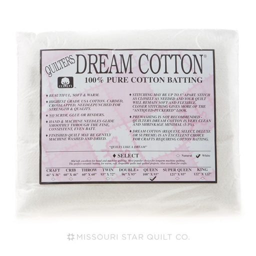 Quilters Dream Cotton Select white mid loft quilt batting package on white background