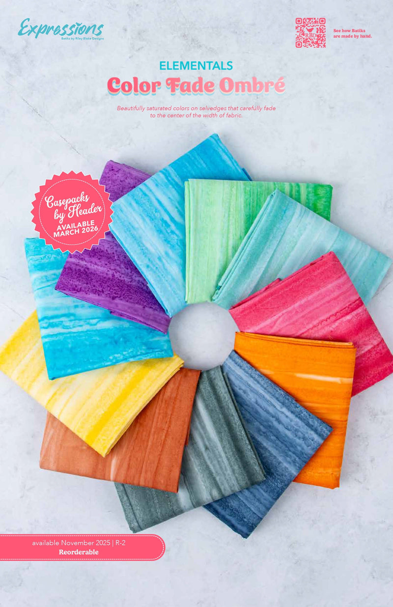 Color Fade Ombré official Riley Blake Designs collection and quilt project inspiration for Riley Blake Expressions Batiks Elementals Color Fade Ombre Fat Quarter Bundle – 11 Pieces