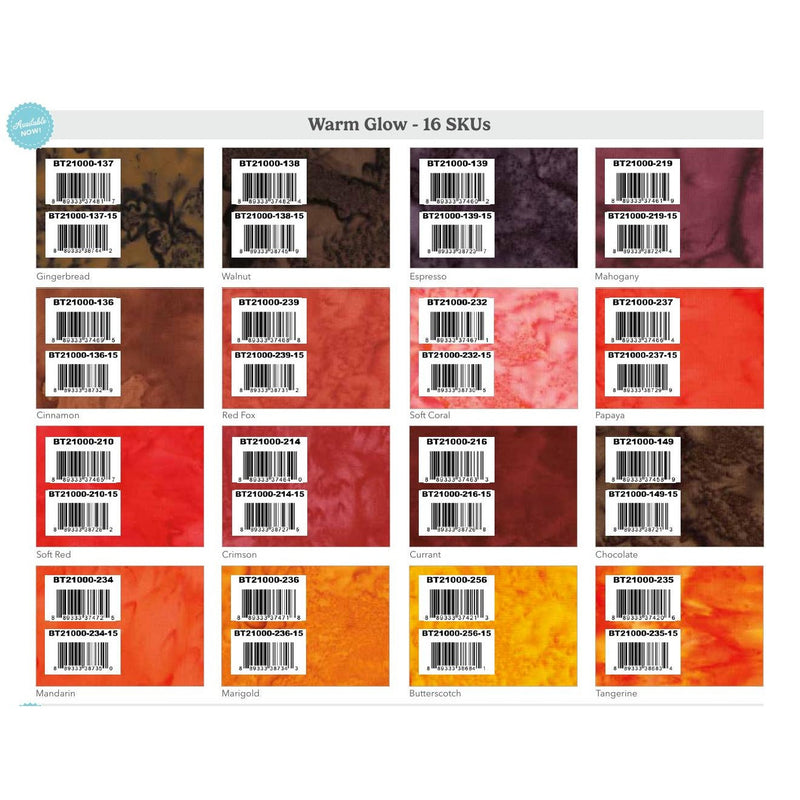 Expressions Batiks Warm Glow official Riley Blake Designs 16-SKU assortment overview for Riley Blake Expressions Batiks Hand-Dyes Warm Glow 2.5" Rolie Polie Strip Roll – 40 Pieces, SKU RP-21007-40