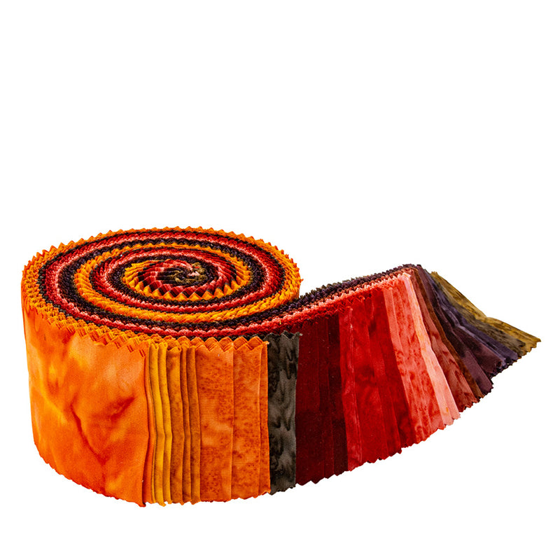 Expressions Batiks Hand-Dyes Warm Glow 2.5" Rolie Polie / strip roll by Riley Blake Designs showing 40 precut 2.5"-wide fabric strips for quilting and sewing