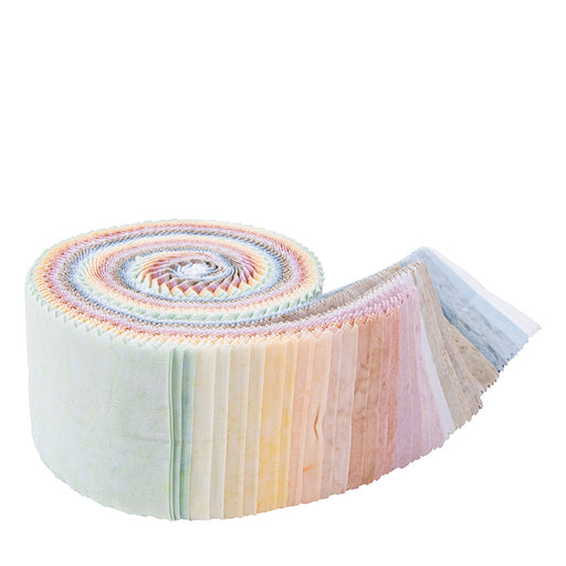 Expressions Batiks Hand-Dyes Cotton Candy 2.5" Rolie Polie / strip roll by Riley Blake Designs showing 40 precut 2.5"-wide fabric strips for quilting and sewing