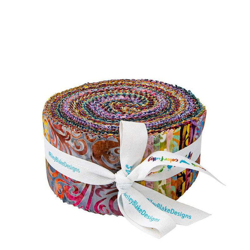 Expressions Batiks Elementals Twirl & Swirl 2.5" Rolie Polie / strip roll by Riley Blake Designs showing 40 precut 2.5"-wide fabric strips for quilting and sewing