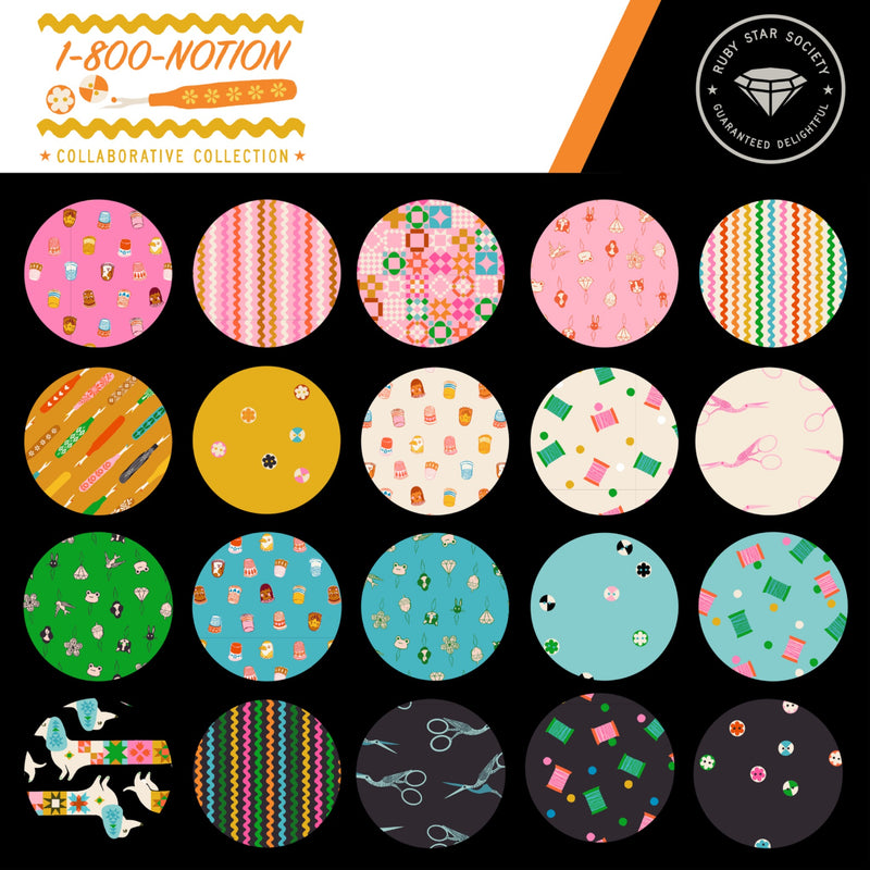 Ruby Star Society 1-800-Notion collection swatch board showing sewing-themed novelty prints and coordinated colors