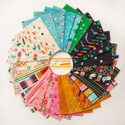 Ruby Star Society 1-800-Notion Jelly Roll showing the colorful 40-piece sewing-themed 2.5-inch fabric strip assortment, SKU RS5207JR