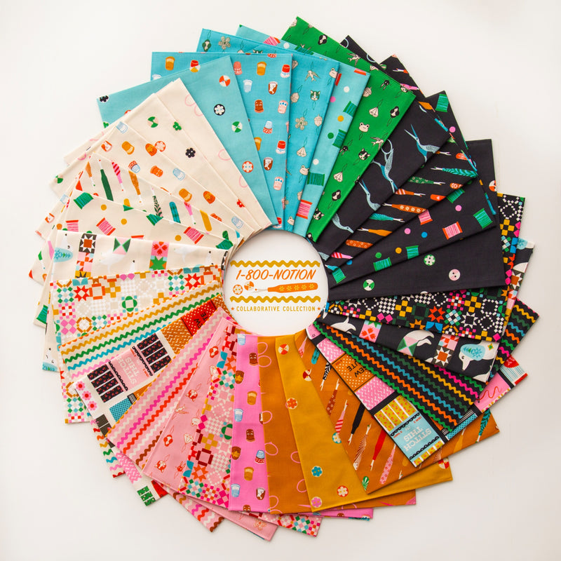 Ruby Star Society 1-800-Notion Jelly Roll showing the colorful 40-piece sewing-themed 2.5-inch fabric strip assortment, SKU RS5207JR