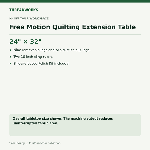 Sew Steady Free Motion Quilting Extension Table – 24" × 32" specifications and fit notes