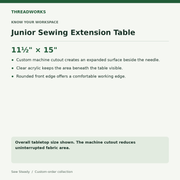 Sew Steady Junior Sewing Extension Table – 11½" × 15" specifications and fit notes