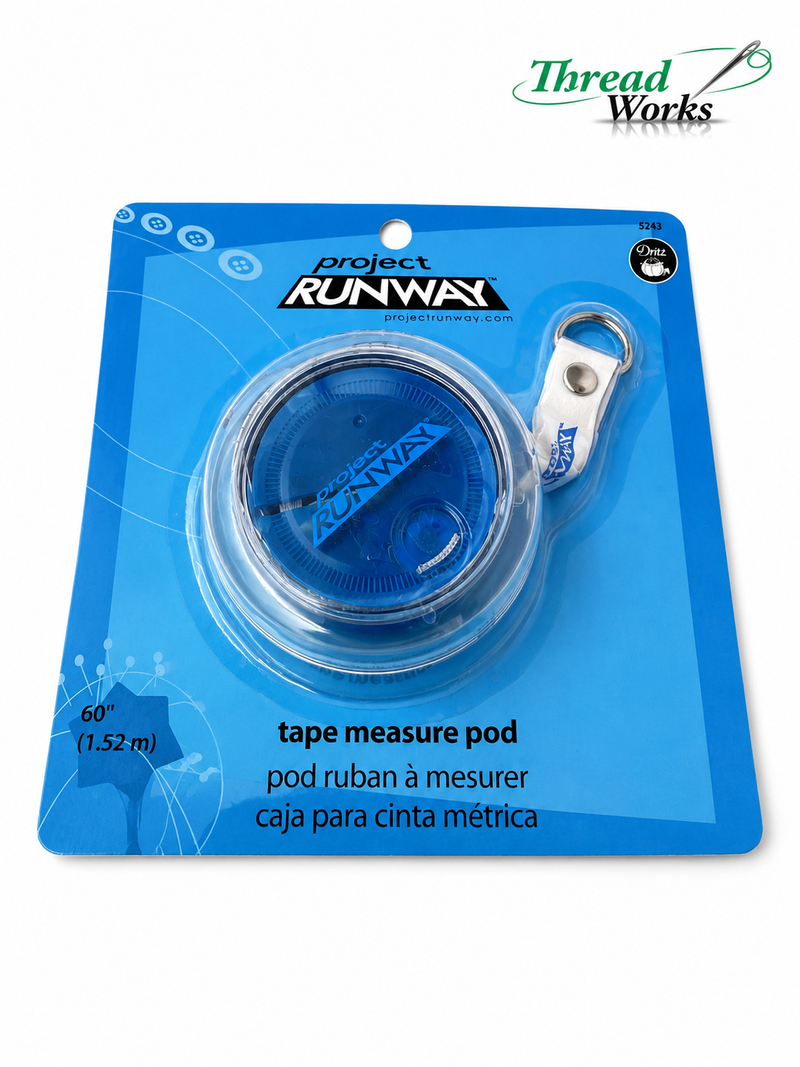 Project Runway retractable tape measure pod with 60 inch and 1.52 meter measurements for sewing, quilting, tailoring, and crafting projects.