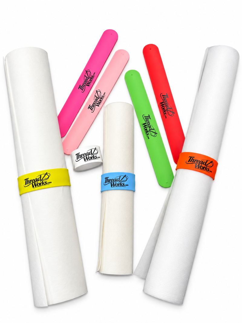 Reusable ThreadWorks Roll Snaps organizer bands for stabilizer and fabric rolls