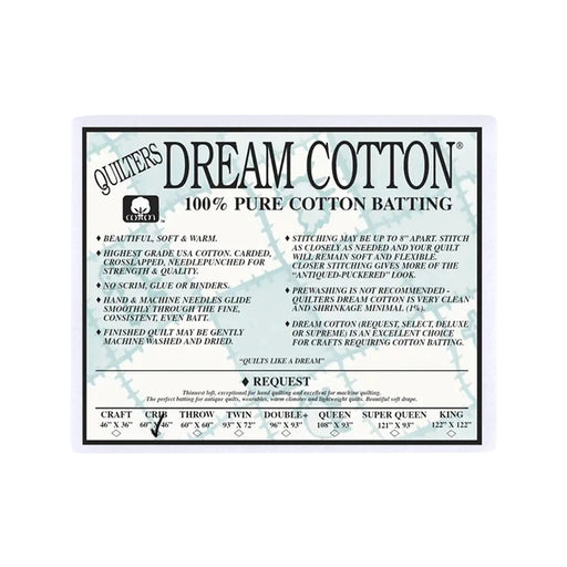 Quilters Dream Cotton Request white low loft quilt batting package on white background